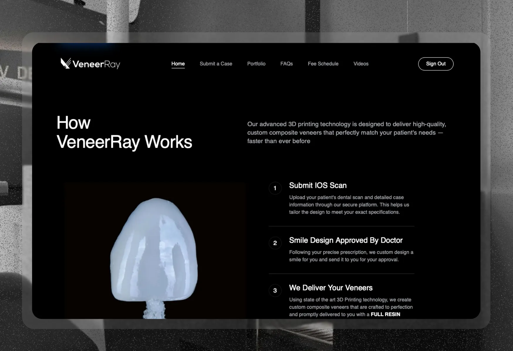 UI/UX Design case study preview — a dark product page floating over a blurred grey studio backdrop